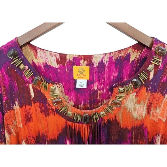 Ruby Rd Top Women Sz 3X Purple Orange 3/4 Sleeve Rhinestone Embellished Soft NEW - Picture 4 of 10